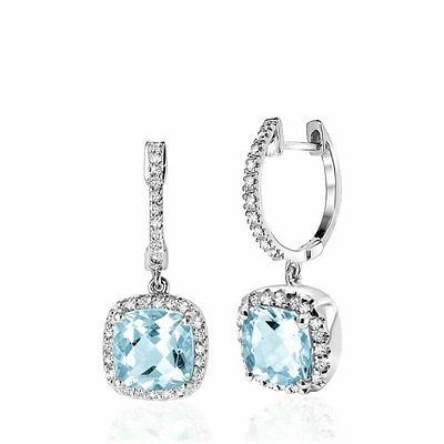 Cushion Cut Sky Blue & Diamond Halo Earrings White Gold