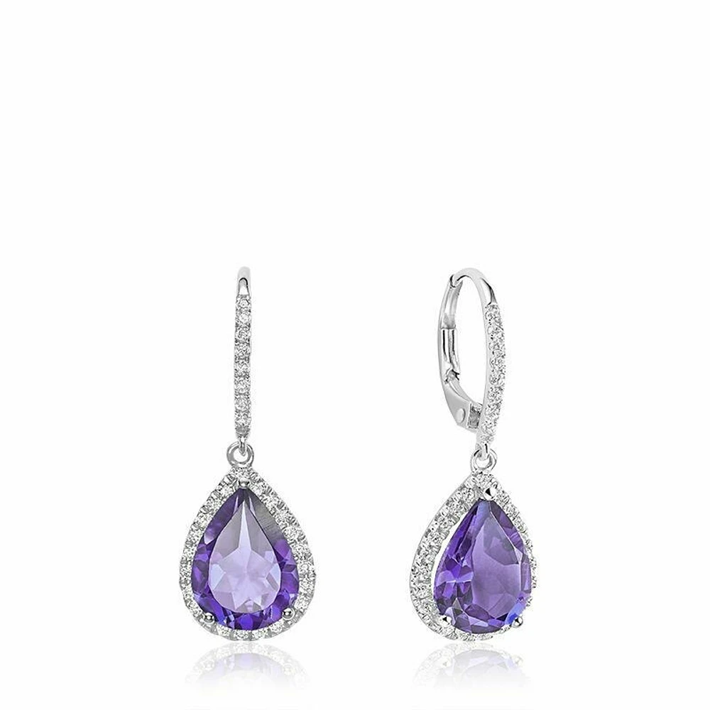 Teardrop Amethyst & Diamond Dangle Earrings White Gold