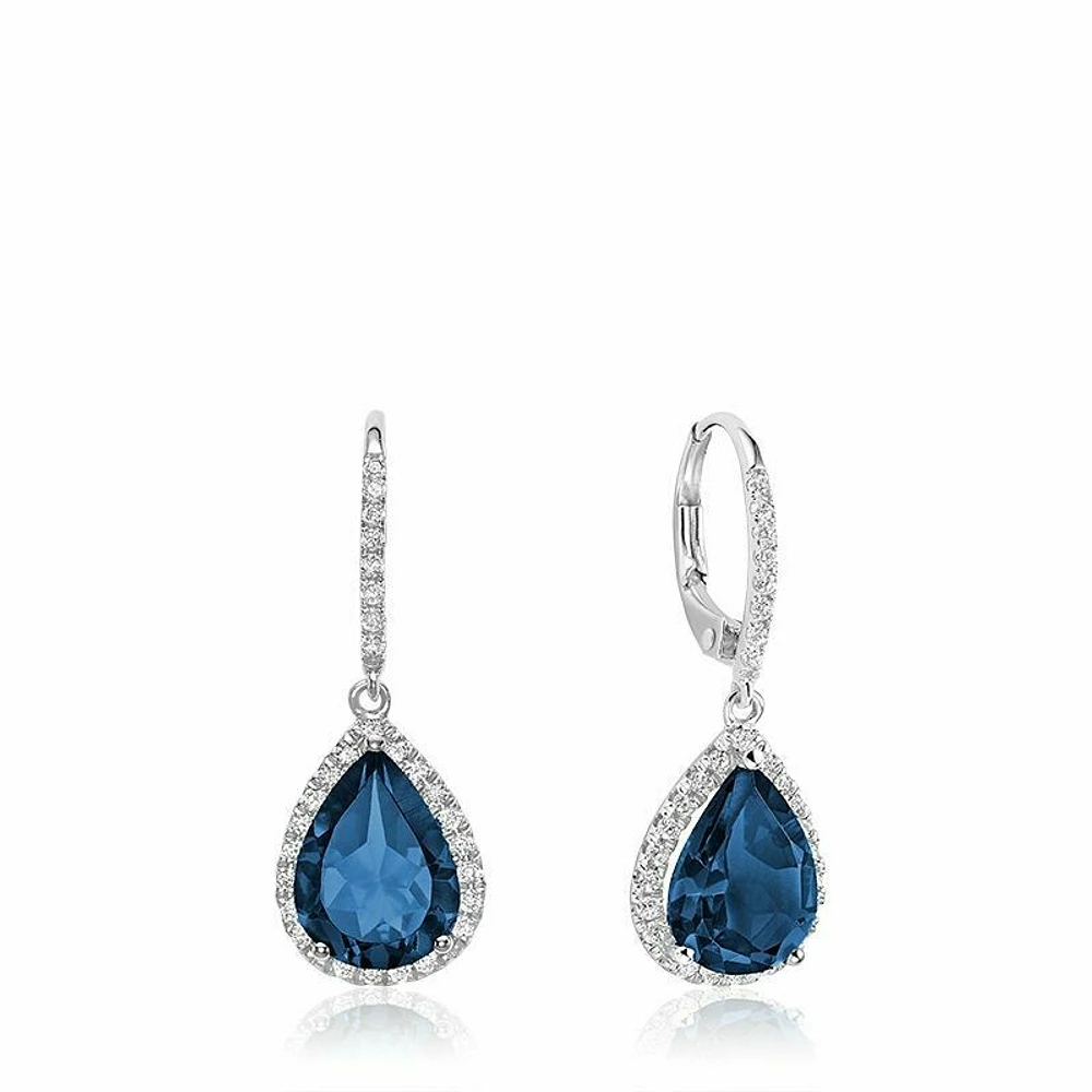 Teardrop London Blue Topaz & Diamond Dangle Earrings White Gold