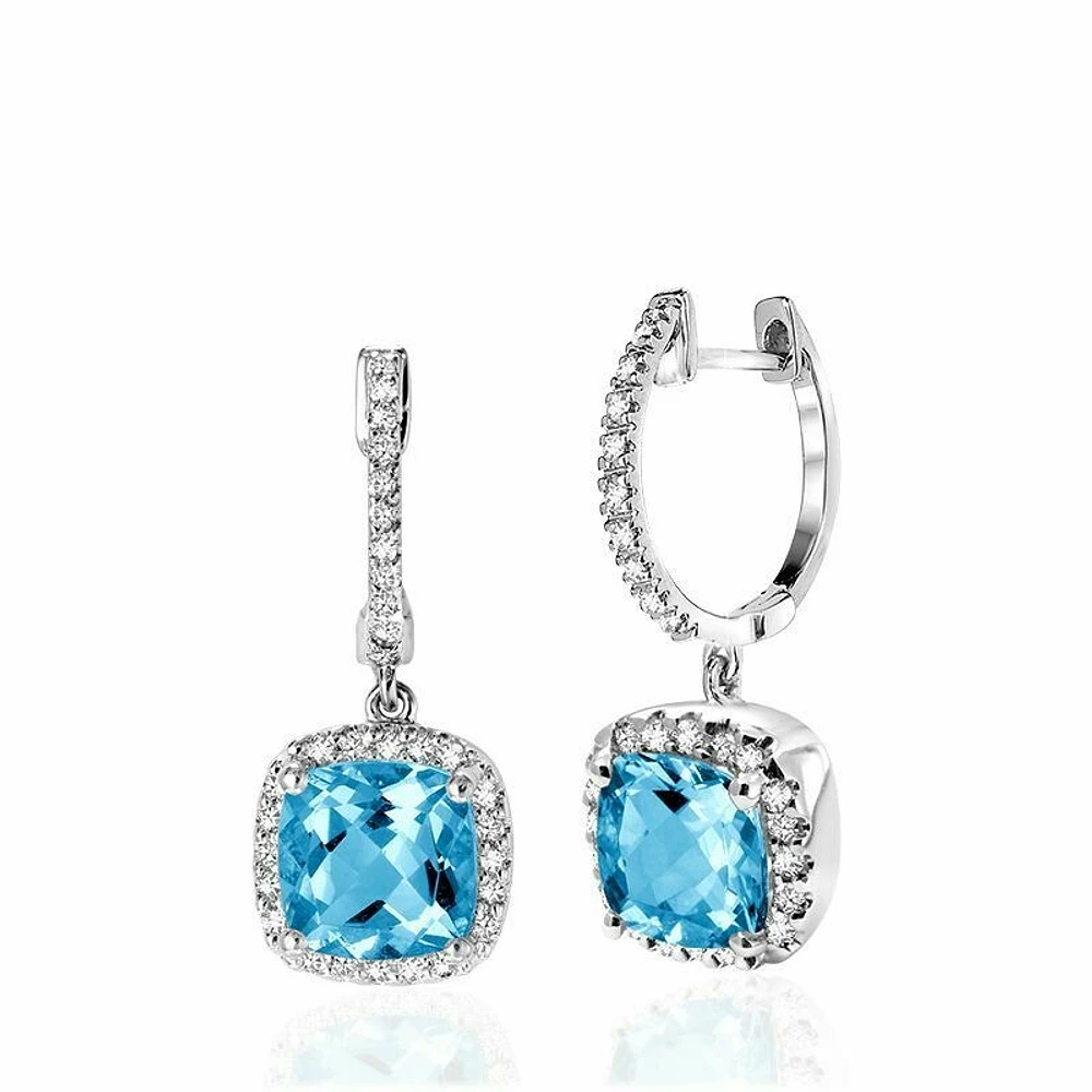 Cushion Cut Topaz & Diamond Halo Earrings White Gold