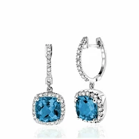 Cushion Cut London Blue Topaz & Diamond Halo Earrings White Gold