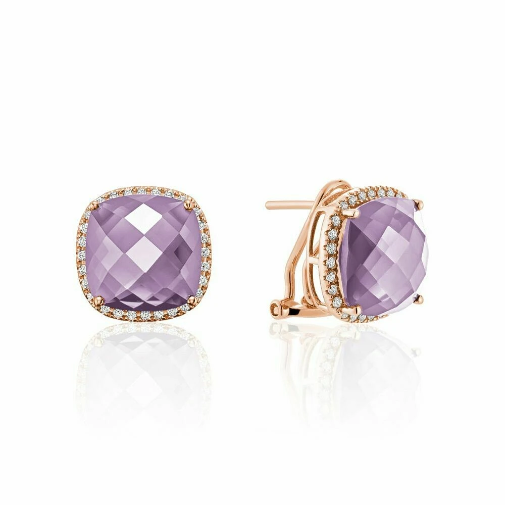 Cushion Cut Pink Amethyst & Diamond Halo Earrings Rose Gold