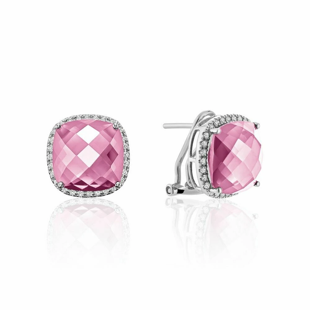 Cushion Cut Pink Quartz & Diamond Halo Earrings White Gold