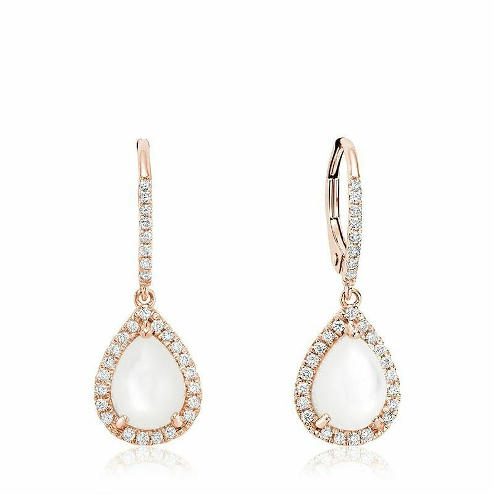 Tear Drop Mother of Pearl & Diamond Dangle Earrings Rose Gold