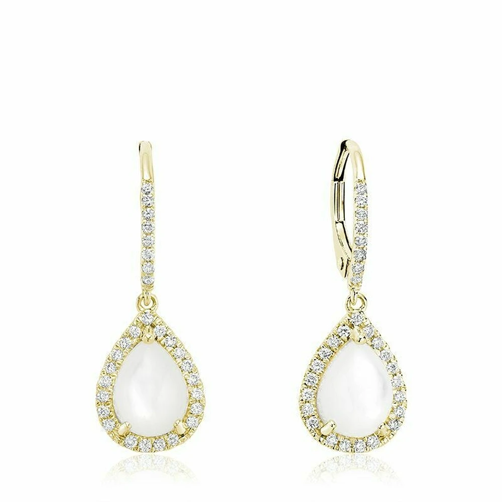 Tear Drop Mother of Pearl & Diamond Dangle Earrings Gold