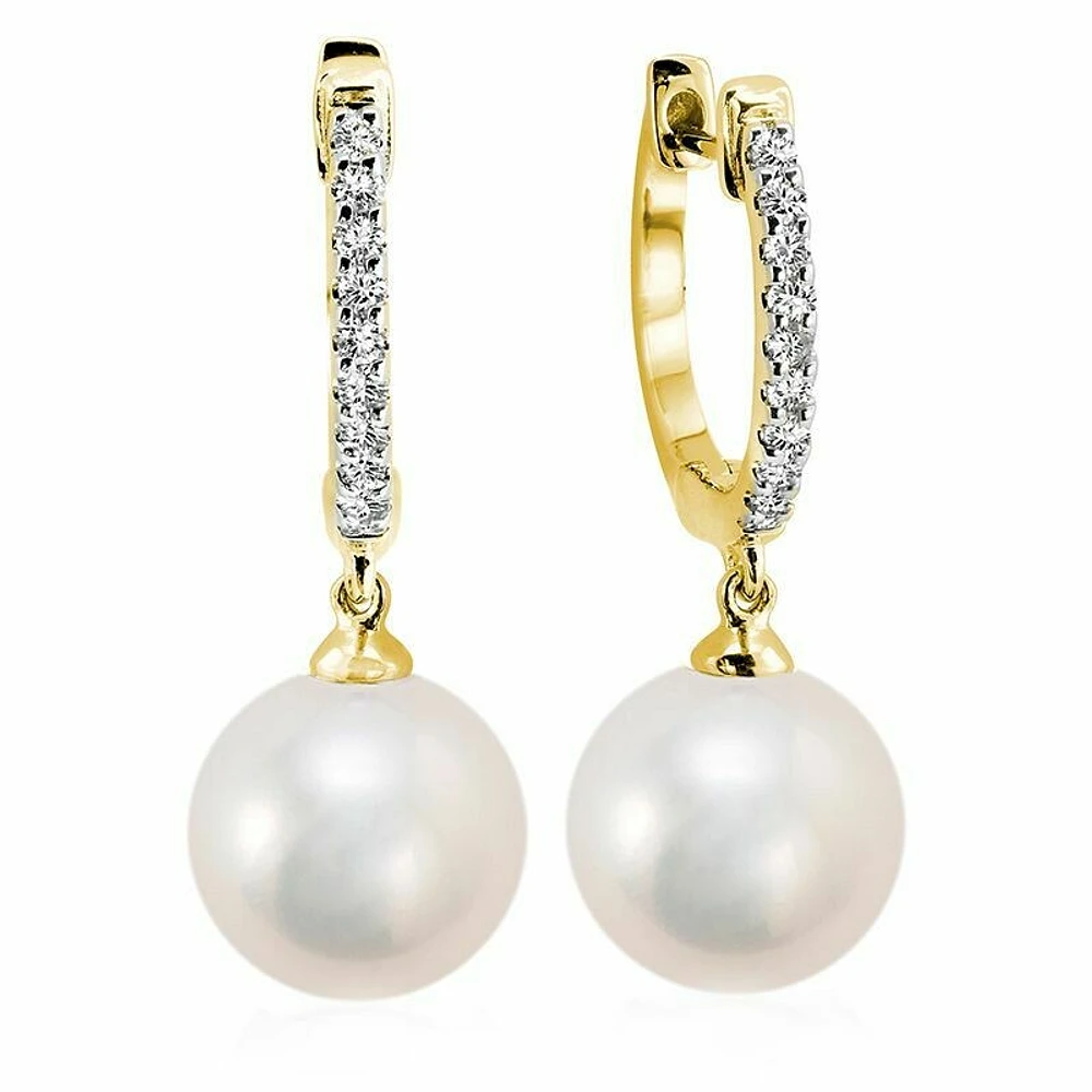 Cultured Freshwater Pearl & Diamond Dangle Earrings Yellow Gold