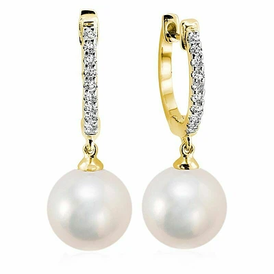 Cultured Freshwater Pearl & Diamond Dangle Earrings Yellow Gold