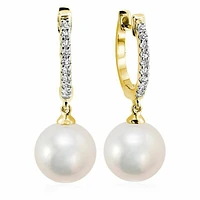Cultured Freshwater Pearl & Diamond Dangle Earrings Yellow Gold