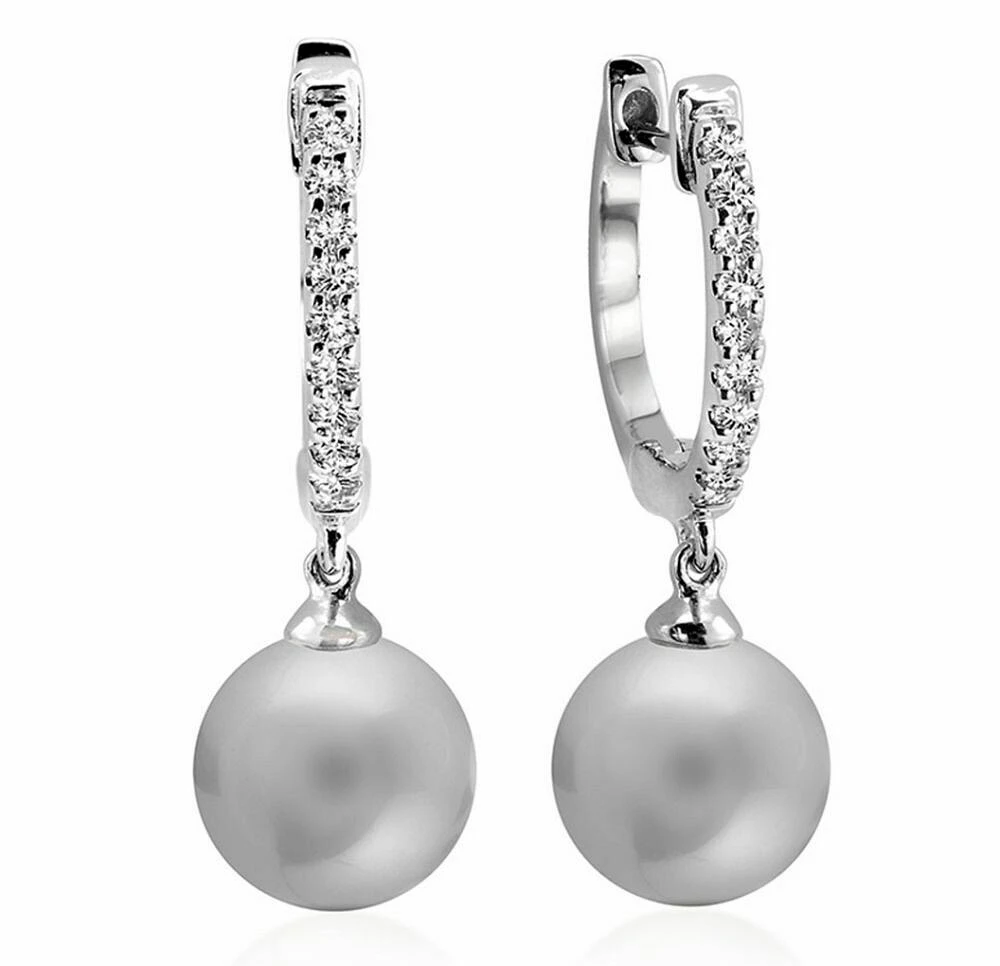 Grey Pearl & Diamond Dangle Earrings White Gold