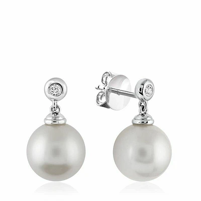 Cultured Freshwater Pearl & Diamond Bezel Set Earrings White Gold