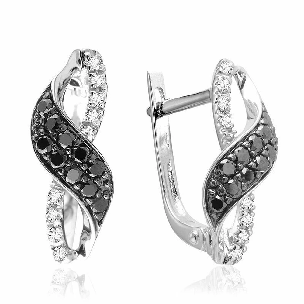 Ribbon Black & White Diamond Earrings White Gold