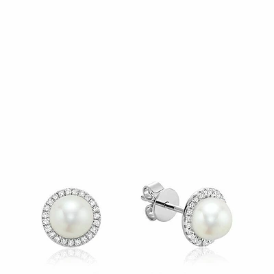 Freshwater Pearl & Diamond Earrings 6MM Pearl Gold