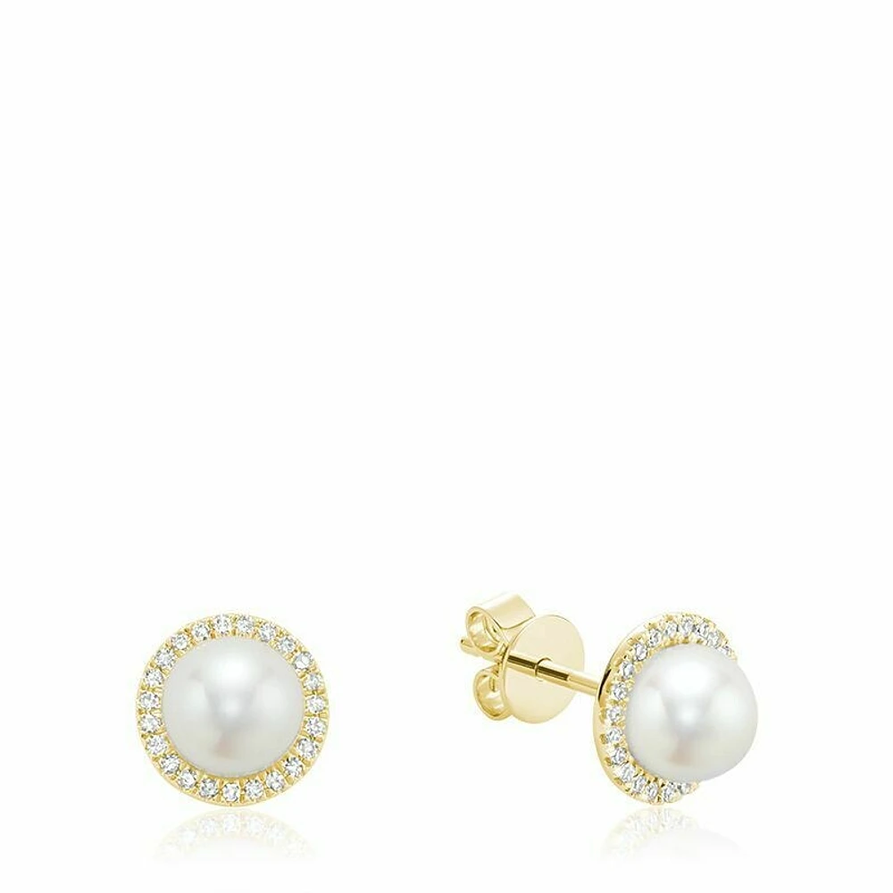 Freshwater Pearl & Diamond Earrings 6MM Pearl Yellow Gold