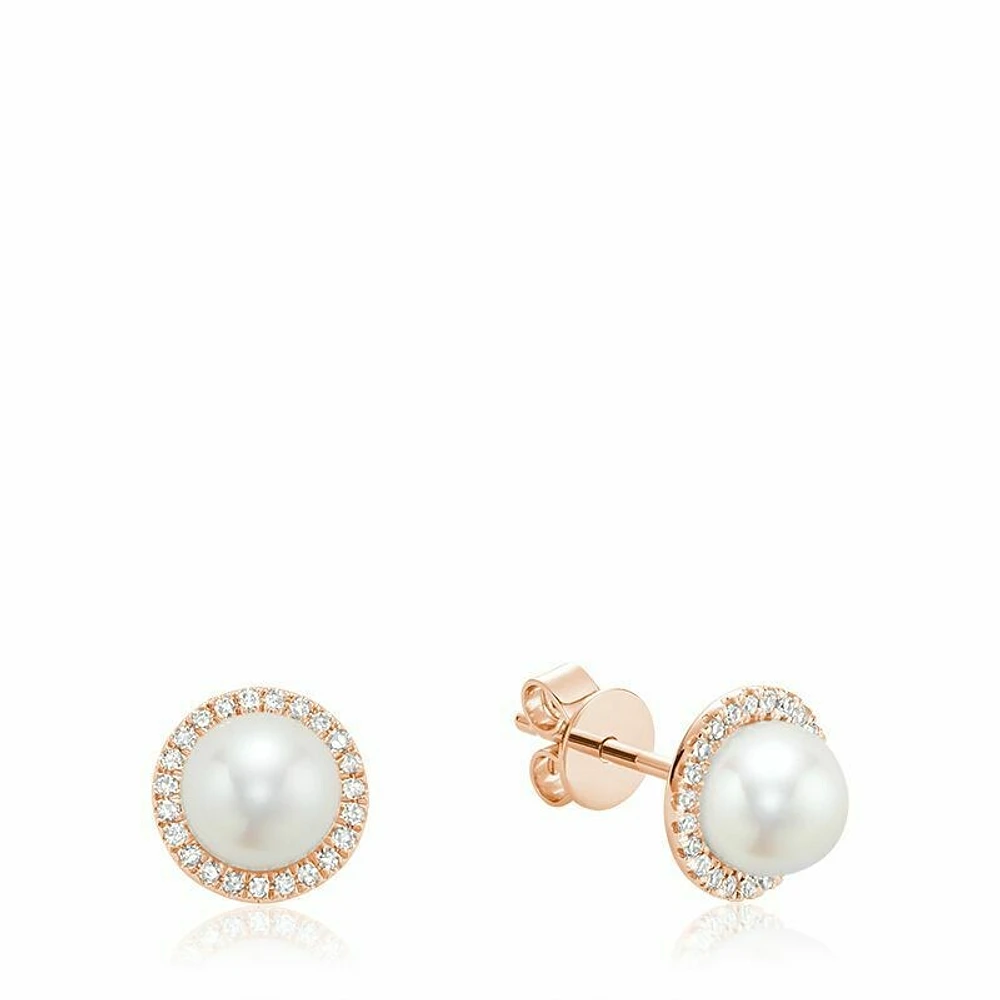 Freshwater Pearl & Diamond Earrings 6MM Pearl Rose Gold