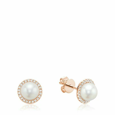 Freshwater Pearl & Diamond Earrings 6MM Pearl Rose Gold