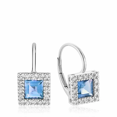 Princess Cut Blue Topaz & Diamond Halo Earrings White Gold