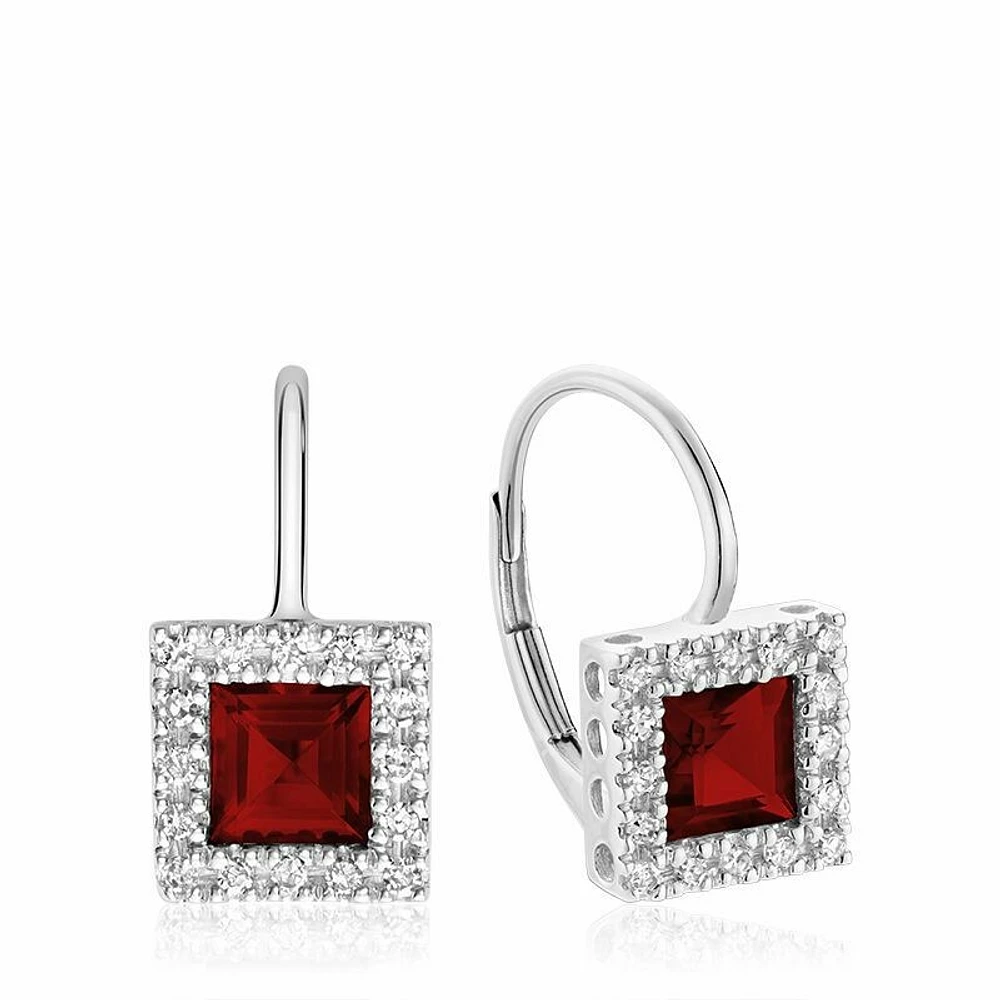 Princess Cut Garnet & Diamond Halo Earrings White Gold