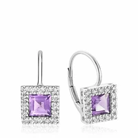 Princess Cut Amethyst & Diamond Halo Earrings White Gold