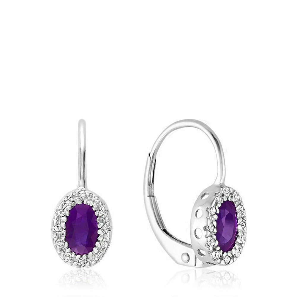 Oval Amethyst & Diamond Halo Dangle Earrings White Gold