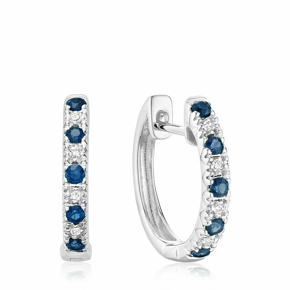 Blue Sapphire & Diamond Huggie Earrings White Gold