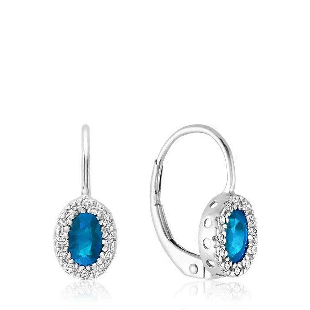 Oval Topaz & Diamond Halo Dangle Earrings White Gold