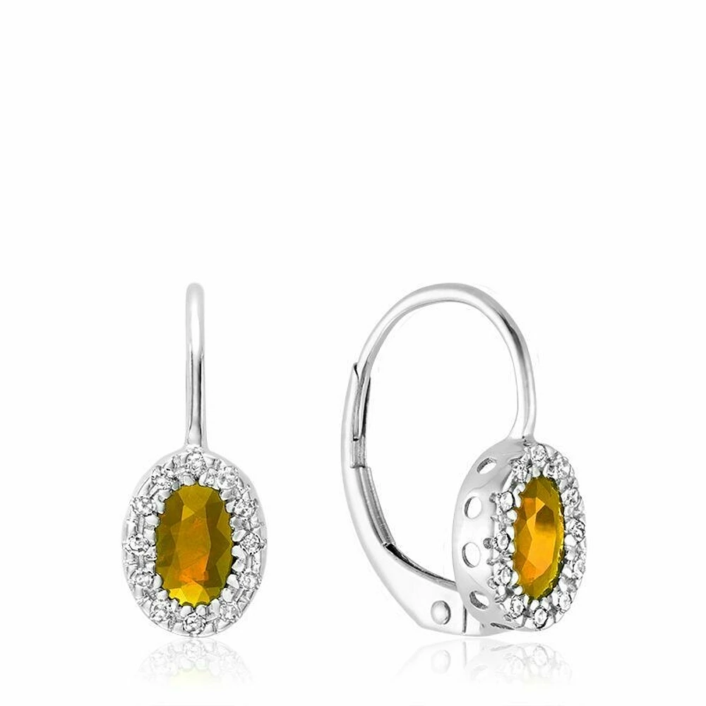 Oval Citrine & Diamond Halo Dangle Earrings White Gold