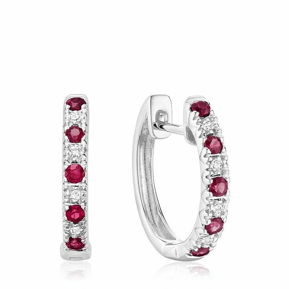 Ruby & Diamond Huggie Earrings White Gold