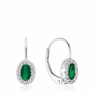 Oval Emerald & Diamond Halo Dangle Earrings White Gold