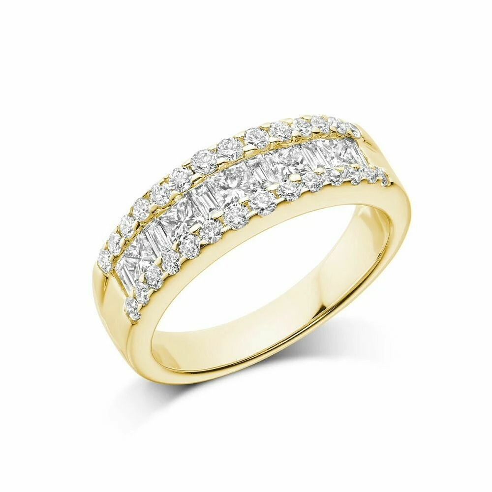 Wide Channel Set Princess Cut Diamond Wedding Band Yellow Gold