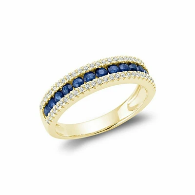 Semi Eternity Blue Sapphire & Diamond Ring Yellow Gold