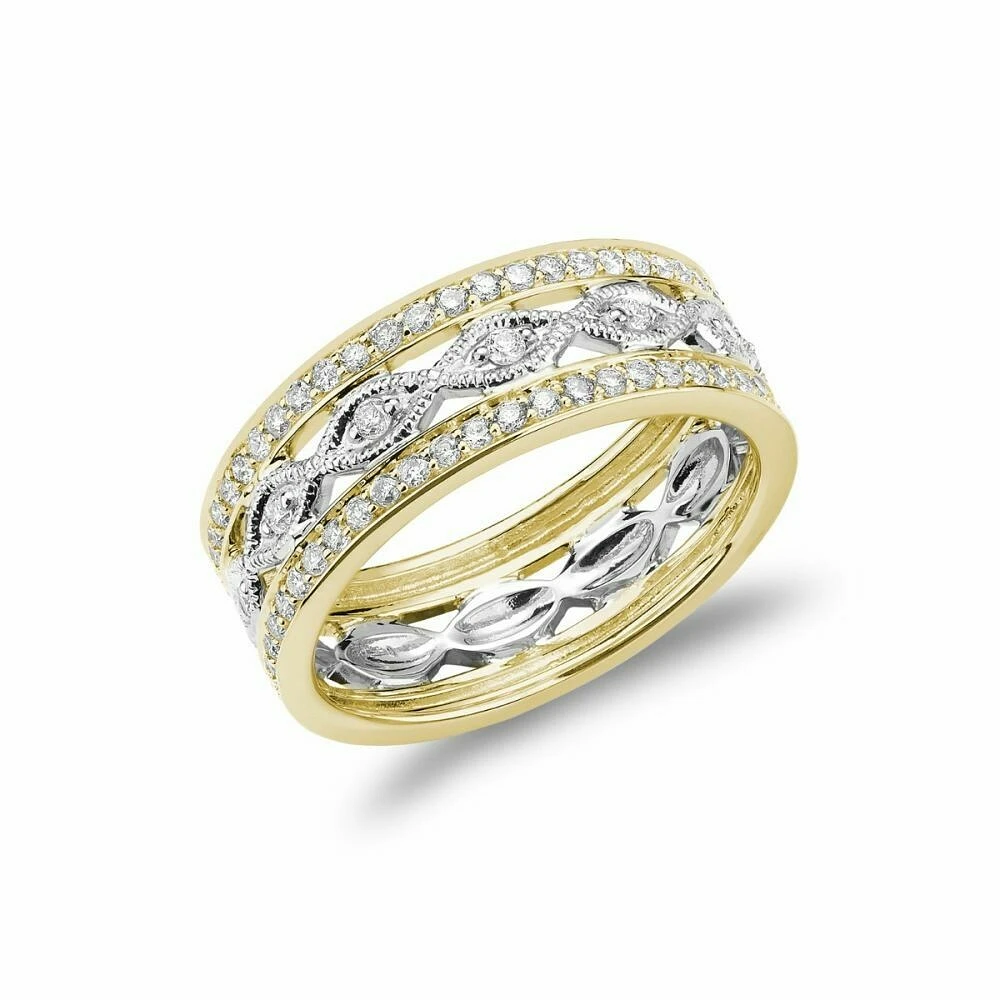 Three Row Pave Diamond & Marquise Milgrain Ring Yellow-White Gold