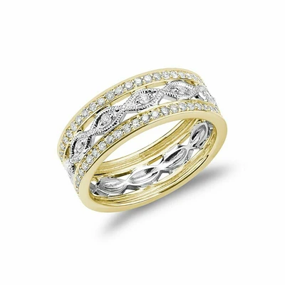 Three Row Pave Diamond & Marquise Milgrain Ring Yellow-White Gold