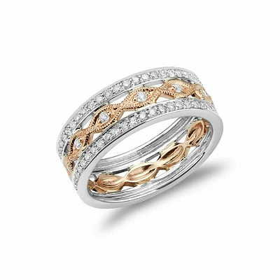 Three Row Pave Diamond & Marquise Milgrain Ring White-Rose Gold