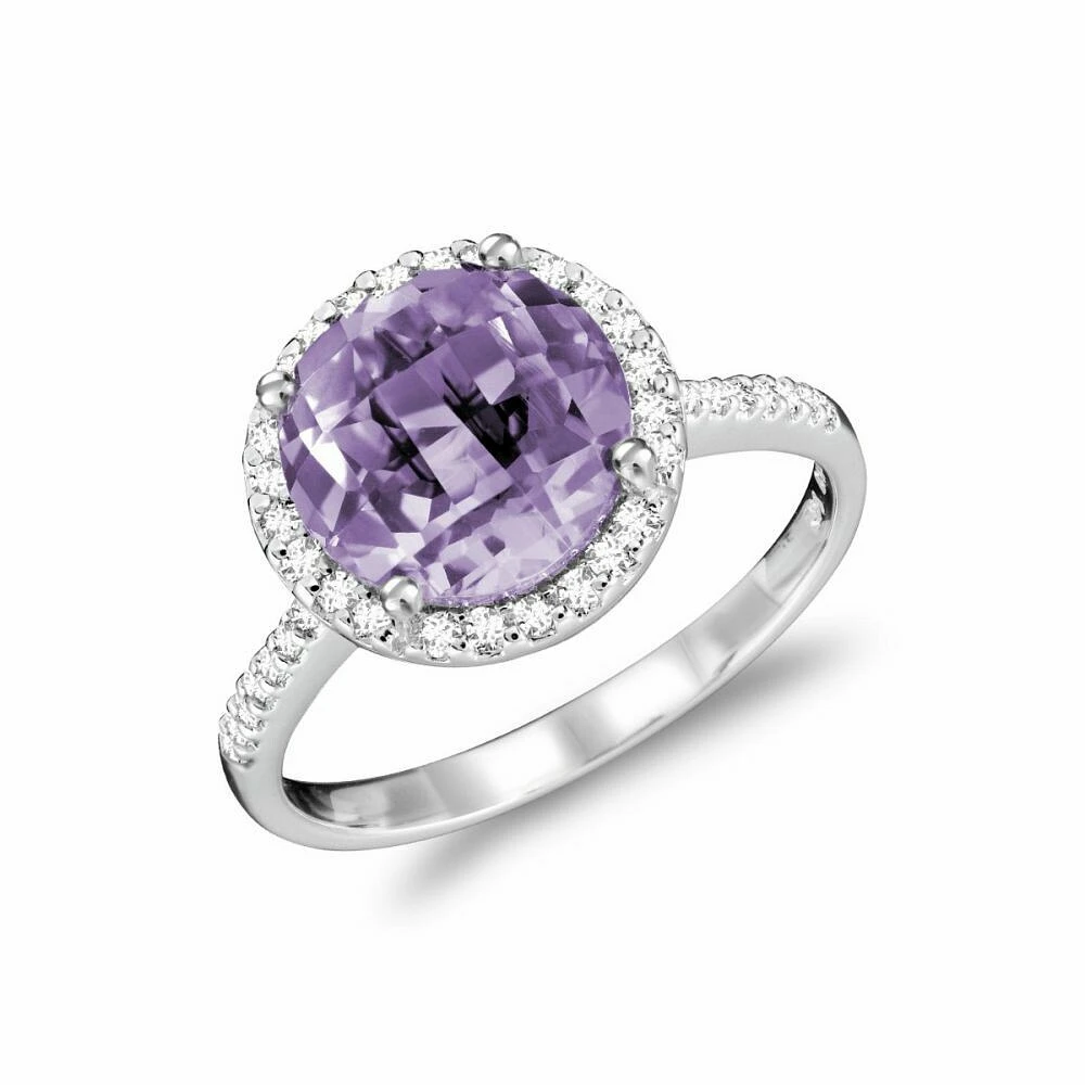 Round Amethyst & Diamond Halo Ring White Gold