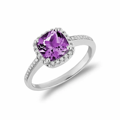 Cushion Cut Amethyst & Diamond Halo Ring White Gold