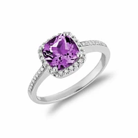 Cushion Cut Amethyst & Diamond Halo Ring White Gold