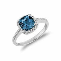 Cushion Cut London Blue Topaz & Halo Diamond Ring White Gold