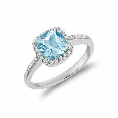 Cushion Cut Sky Blue & Diamond Halo Ring White Gold