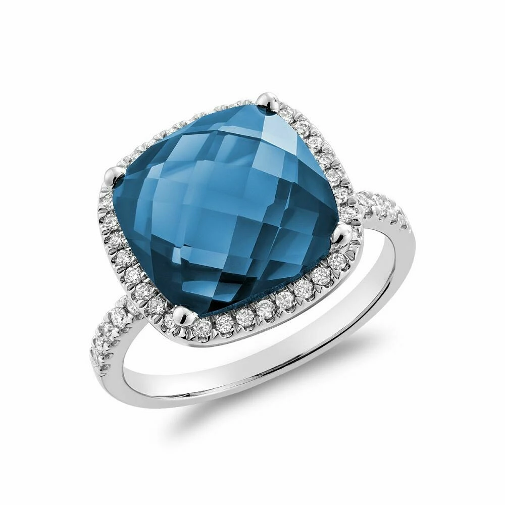 Cushion Cut London Blue Topaz & Diamond Halo Ring White Gold
