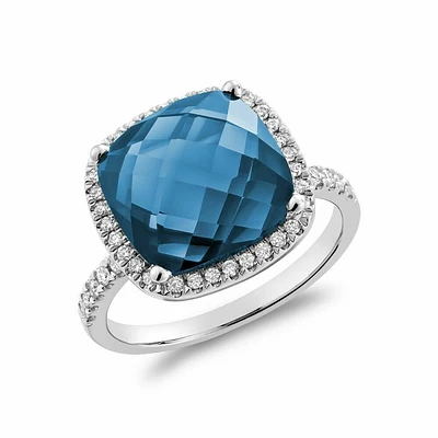 Cushion Cut London Blue Topaz & Diamond Halo Ring White Gold