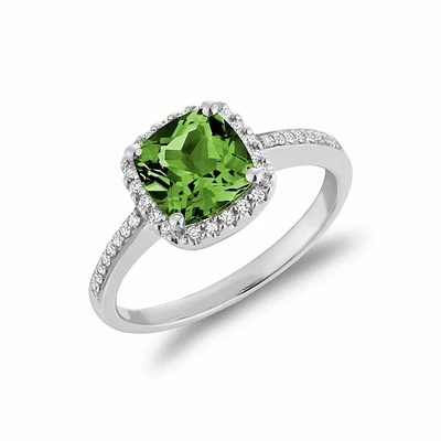 Cushion Cut Peridot & Diamond Halo Ring White Gold