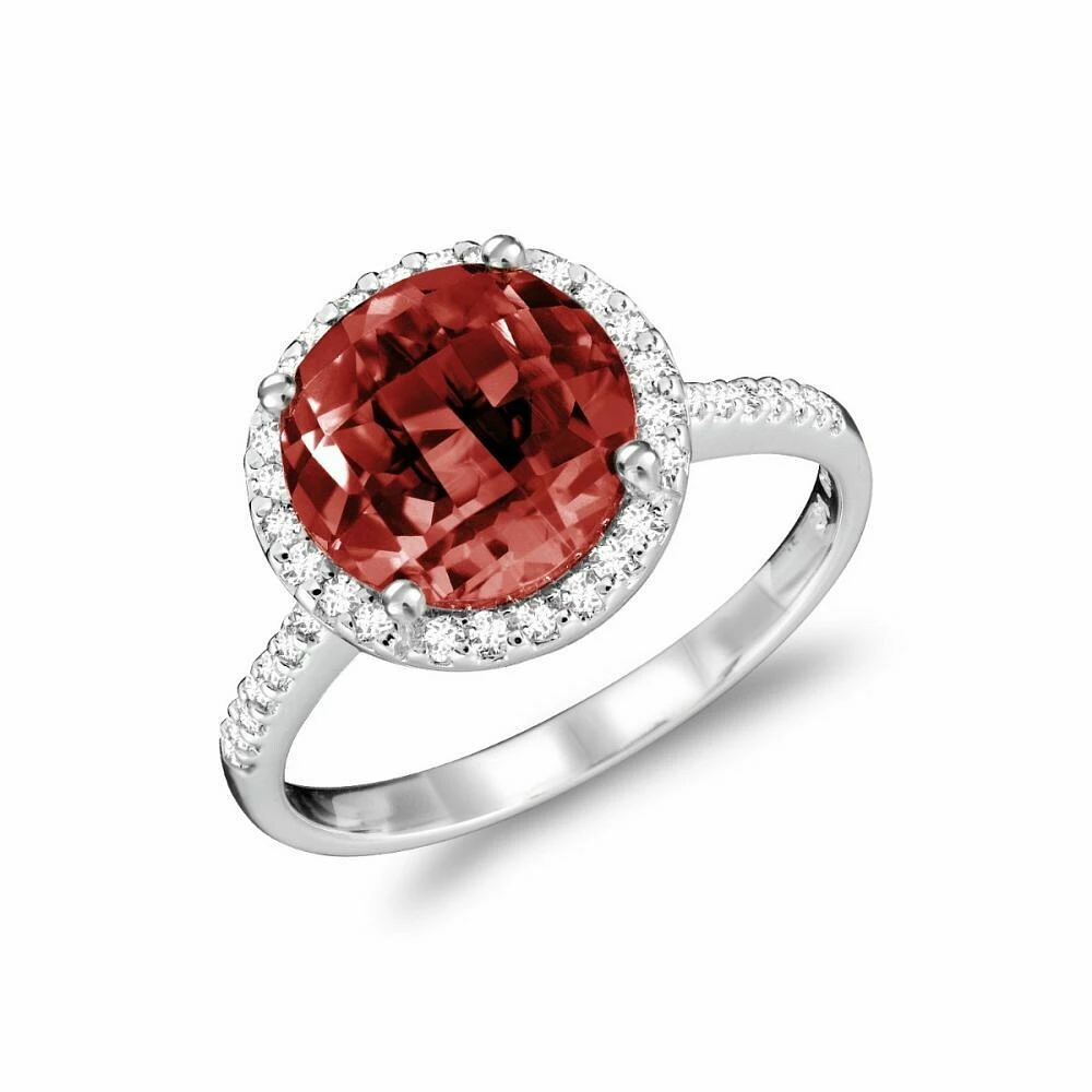 Round Garnet & Diamond Halo Ring White Gold