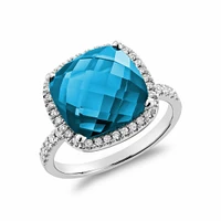 Cushion Cut Blue Topaz & Diamond Halo Ring White Gold