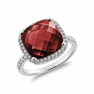 Cushion Cut Garnet  & Diamond Halo Ring White Gold