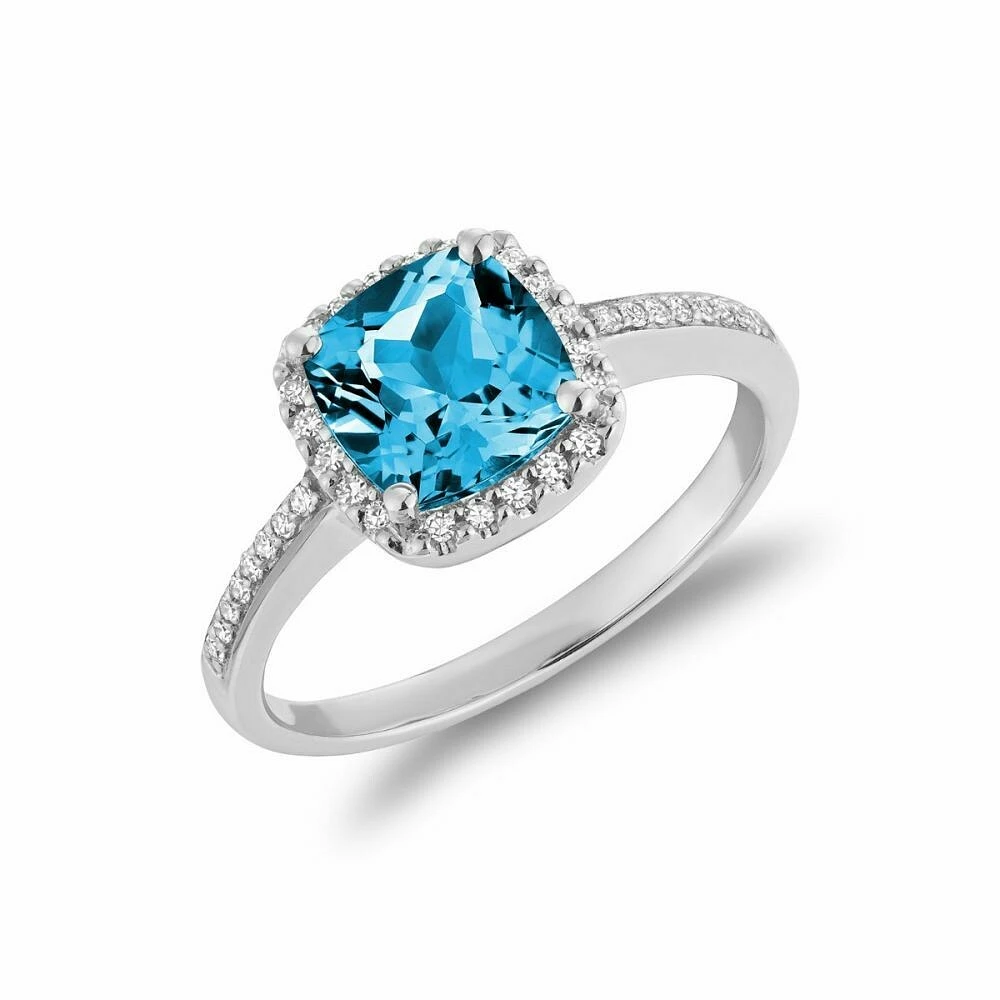 Cushion Cut Blue Topaz & Diamond Halo Ring White Gold