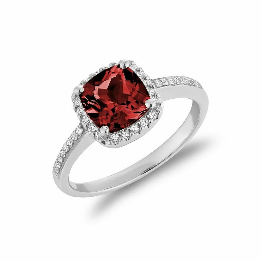 Cushion Cut Garnet & Diamond Halo Ring White Gold