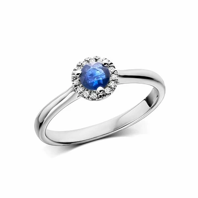 Blue Sapphire & Diamond Halo Ring White Gold