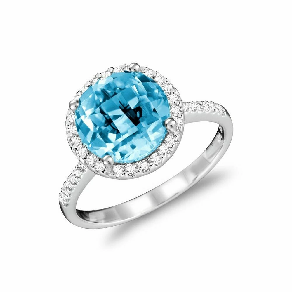 Round Blue Topaz & Diamond Halo Ring White Gold