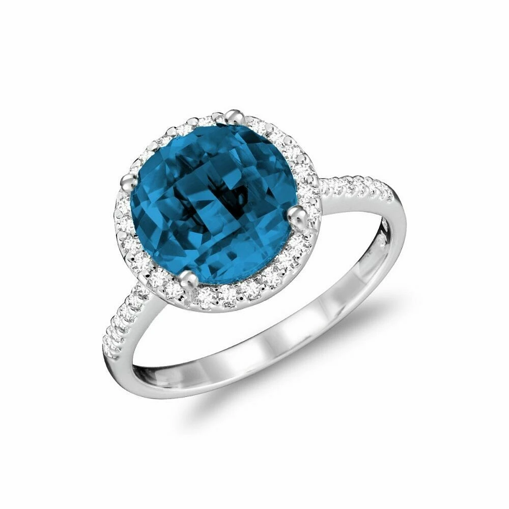 Round London Blue Topaz & Diamond Halo Ring White Gold