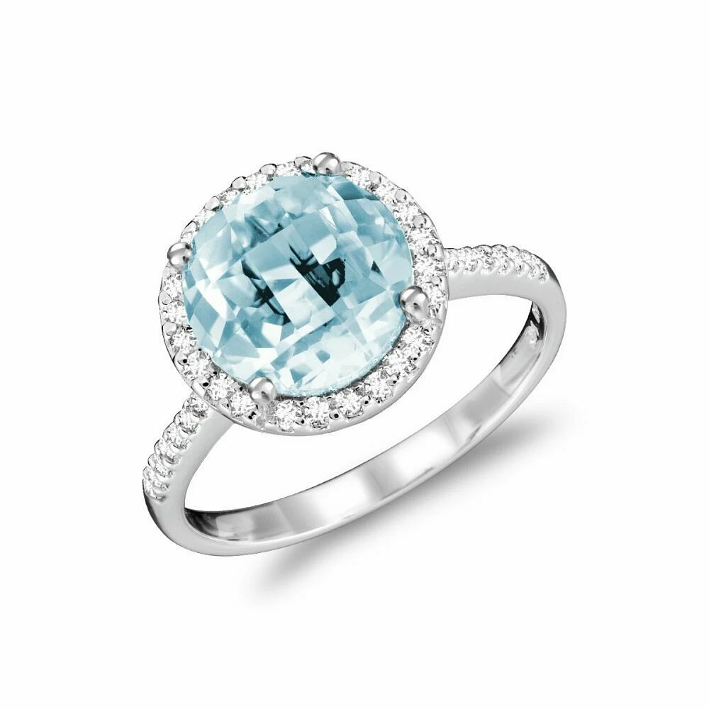 Round Sky Blue & Diamond Halo Ring White Gold